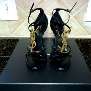 SAINT LAURENT CASSANDRA SANDALS WITH GOLD MONOGRAM